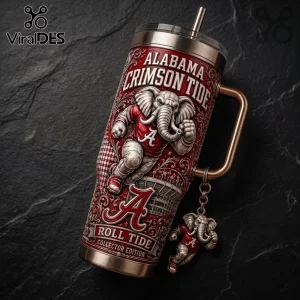 Alabama Crimson Tide NCAA Elephant 40oz tumbler with red stadium graphics, metal handle, and matching elephant keychain.
