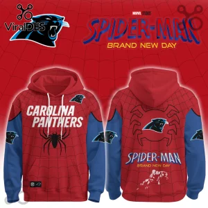 Carolina Panthers x Spider-Man Brand New Day Hoodie featuring red spider-web patterns, blue sleeves, and team logos.