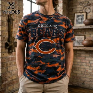 Chicago Bears NFL Camouflage T-Shirt with orange and navy blue camo pattern and bold team graphics on the chest.