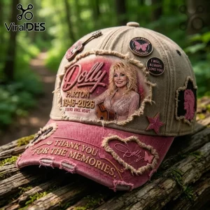 Dolly Parton Thank You For The Memories distressed baseball cap in tan and pink with portrait, guitar, and text patches.