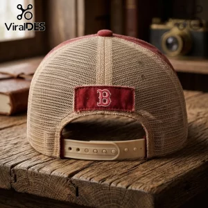 Boston Red Sox 125 Anniversary Distressed Cap featuring tan mesh back, red fabric panels, and a snapback closure.