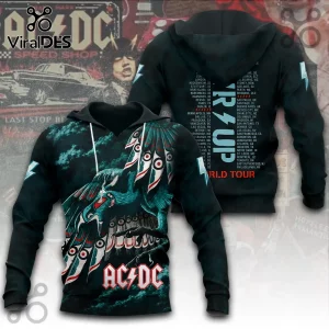 AC/DC PWR UP World Tour 2024-2026 black hoodie featuring a graphic of a lightning bolt eagle and concert city tour dates.