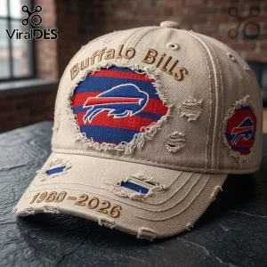 Buffalo Bills 1960-2026 Distressed Baseball Cap in beige with embroidered team logo, frayed edges, and anniversary text.