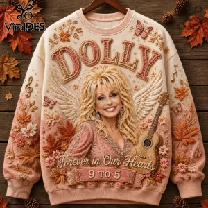 Dolly Parton Forever Autumn Ugly Sweater featuring Dolly with wings, a guitar, and fall leaves on a tan knit background.