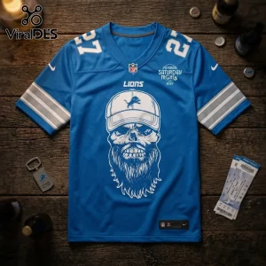 Detroit Lions Luke Combs 2027 Tour blue football jersey with a central skull graphic wearing a Lions cap on wood background.