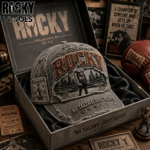 Rocky Balboa The Italian Stallion distressed baseball cap with embroidered boxing silhouette and Philadelphia city skyline.