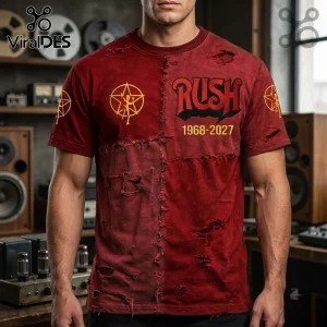 Rush 1968-2027 Distressed Red T-Shirt featuring a vintage aesthetic, gold starman logo, and worn fabric texture.