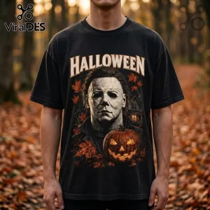 Halloween Michael Myers The Night He Came Home shirt featuring a masked character, autumn leaves, and a glowing jack-o-lantern.