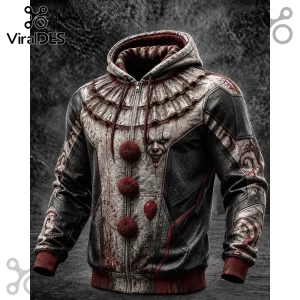 Pennywise Horror Clown Premium Zip Up Hoodie with ruffled collar, red pom-poms, balloon graphic, and dark textures.