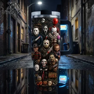 Spooky Horror Villains Halloween 2026 Tumbler 40oz featuring 3D-style movie slashers and icons on a dark alley background.