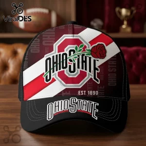 Ohio State Buckeyes Rose Logo Baseball Cap featuring a scarlet block O, white diagonal stripe, and EST 1890 text.