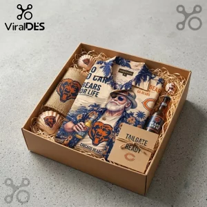 Chicago Bears Da Bears Tropical Hawaiian Shirt gift box set containing a patterned shirt, a small bottle, and sea shells.