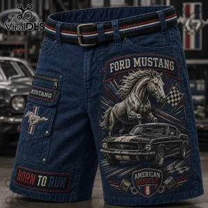 Ford Mustang American Muscle Navy Blue Casual Shorts featuring a vintage pony car graphic, check flag, and cargo pockets.