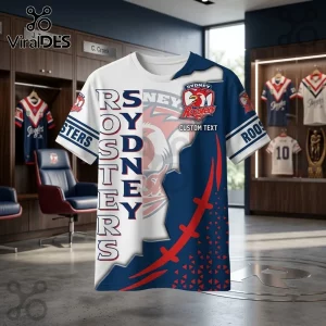 Sydney Roosters NRL Navy White Shirt featuring bold text and team logo in a professional locker room setting.
