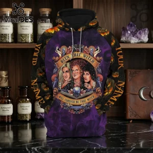 Hocus Pocus Sanderson Sisters purple Halloween hoodie featuring a graphic print of the three witches on a smoke background.
