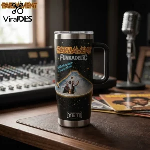 Parliament Funkadelic 58 Years Stanley Tumbler 40oz featuring a space-themed Mothership graphic on a black metallic cup.