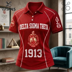 Delta Sigma Theta Red Edition Polo Shirt featuring white lettering, the 1913 founding year, and sorority crest embroidery.