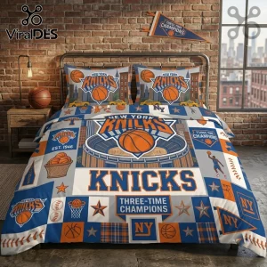 New York Knicks Three-Time Champions bedding set featuring team logos, basketball icons, and city skyline graphics in blue.