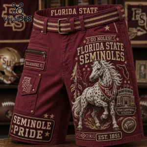 Florida State Seminoles maroon cargo shorts featuring printed graphics of the team horse, Doak Campbell Stadium, and text.