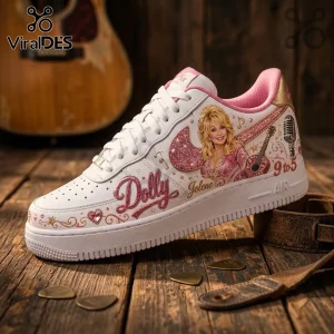 Custom Dolly Parton Pink Air Force 1 Sneakers featuring a glittery portrait, guitar, microphone, and 9 to 5 text on white leather.