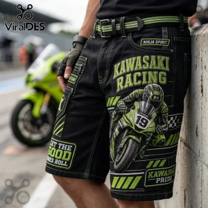 Kawasaki Racing Team Black Cargo Shorts featuring neon green graphic prints of a motorcycle rider and team branding text.