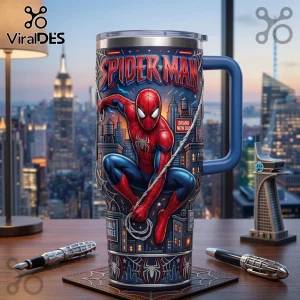 Spider-Man Daily Bugle stainless steel tumbler with handle features a red and blue superhero graphic against a city scene.