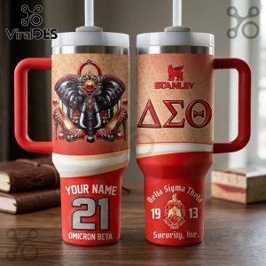 Custom Name Delta Sigma Theta Stanley Tumbler with elephant graphic, red and gold sorority symbols, and personalized text.
