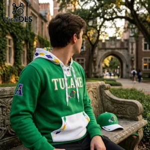 Tulane Green Wave 2026 City Edition Mardi Gras hoodie in green featuring purple and gold argyle accents on the hood.
