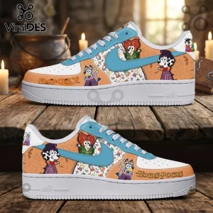 Hocus Pocus Bluey Witch Character Custom Air Force 1 Sneakers featuring orange patterns, blue accents, and cartoon dogs.