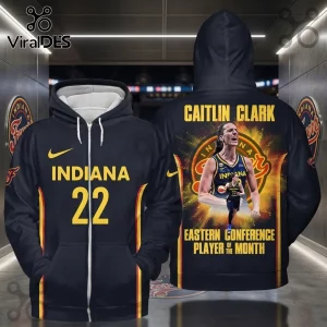 Caitlin Clark Indiana Fever Number 22 Basketball Hoodie with team colors, player graphic, and player of the month text.