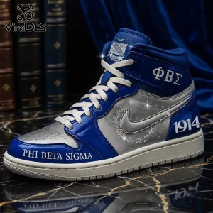 Phi Beta Sigma 1914 Air Jordan 1 Hightop Sneakers in royal blue and silver leather with Greek lettering on a marble floor.