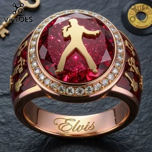 Elvis Presley Signature Limited Edition Ring featuring a gold silhouette on a red stone with guitar accents.