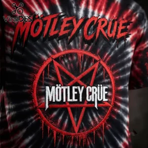 Motley Crue Tie Dye Pentagram T-Shirt 2026 featuring a red circle pentagram, dripping blood effects, and heavy metal font.