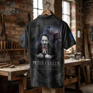 Peter Cullen Optimus Prime Black Tribute Polo Shirt featuring a portrait of the voice actor, Optimus Prime, and quotes.