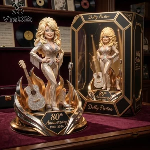 Dolly Parton 80th Anniversary Gold Acrylic Plaque featuring a blonde figurine, glittery guitar, and microphone on a stand.