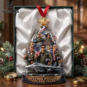 Top Gun Flying Proud 250 Years resin Christmas ornament featuring pilots, fighter jets, and American flags in a gift box.