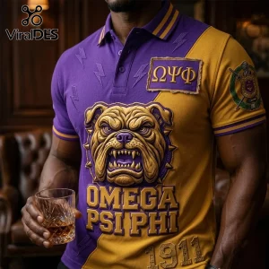Omega Psi Phi Two-Tone Bulldog Polo Shirt featuring purple and gold colors, embossed Greek letters, and lightning motifs.