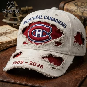 Montreal Canadiens 1909-2026 Distressed Baseball Cap in beige with embroidered team logo and red fabric details.
