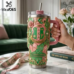 AKA Alpha Kappa Alpha Stained Glass Stanley Tumbler featuring pink and green glass motifs, floral accents, and gold crest.