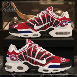 Montreal Canadiens Custom Name Air Max Plus sneakers featuring red, white, and blue team colors with logo and name space.