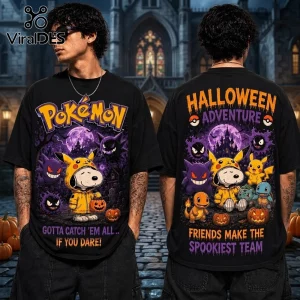 Snoopy x Pokemon Spooky 2026 Halloween T-Shirt with black cotton base, featuring Pikachu, Gengar, and Snoopy graphics.