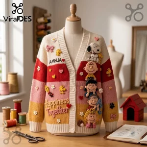 Peanuts Classic Comic Characters Embroidered Cardigan featuring Snoopy, Charlie Brown, and friends on color-block knit.