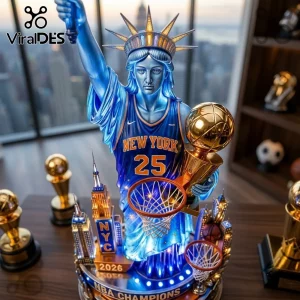 New York Knicks 2026 NBA Champions Acrylic Light Box featuring the Statue of Liberty wearing a blue basketball jersey.