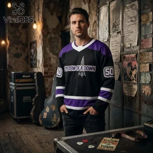 System of a Down Signature Edition Hockey Jersey in black with purple and white stripes, worn by a man in a studio setting.