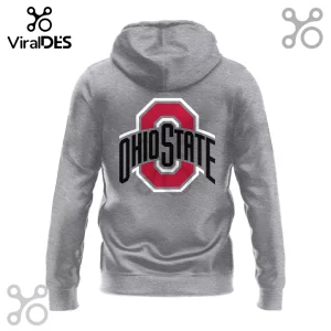 Ohio State Buckeyes Engineered For History Grey Hoodie with a large red block O logo and black text on the back.