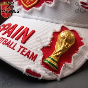 Spain 2026 World Cup Champions distressed baseball cap in white with red embroidery and a gold trophy emblem.