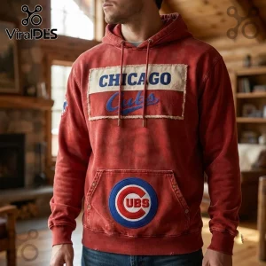 MLB Chicago Cubs Red Distressed Hoodie featuring a raw-edge patch with team branding and a round Cubs logo on the pocket.