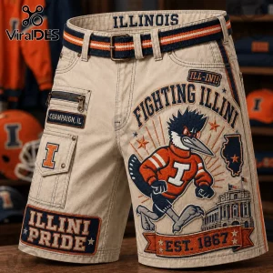University of Illinois Fighting Illini khaki cargo shorts with embroidered mascot, team text, and school campus graphics.