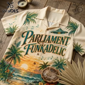 Parliament Funkadelic Beige Hawaiian shirt featuring a UFO, palm trees, musical notes, and sunset ocean imagery.