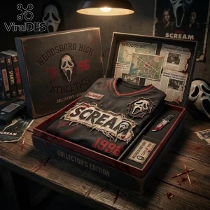 Scream Ghostface Slasher Horror Movie T-Shirt 2026 inside a Woodsboro High Athletics collector box with a toy knife.